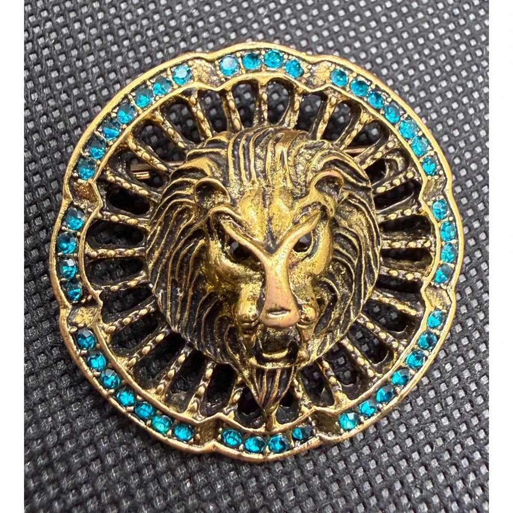 Gold Tone Lion Head Brooch Turquoise Rhinestone Sunburst Statement Pin Vintage